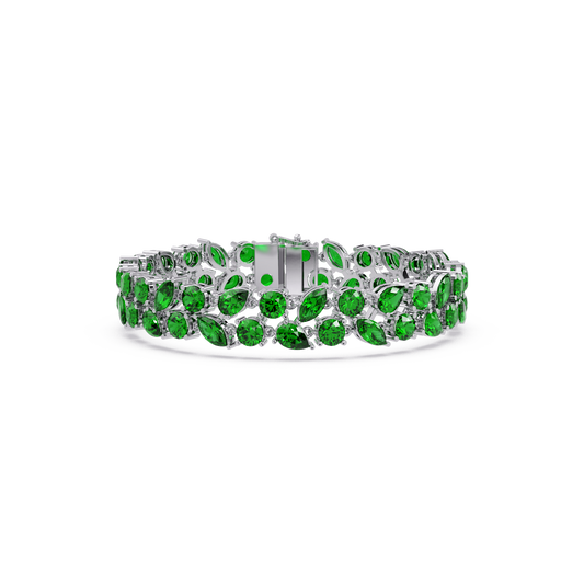 Three-row round, marquise and pear emerald green colorstone tennis bracelet in white gold