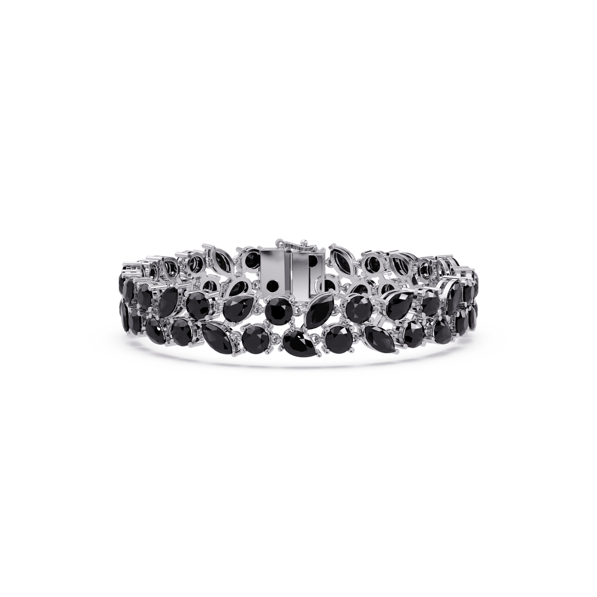 Three-row round, marquise and pear onyx colorstone tennis bracelet in white gold