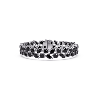 Three-row round, marquise and pear onyx colorstone tennis bracelet in white gold