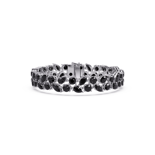 Three-row round, marquise and pear onyx colorstone tennis bracelet in white gold