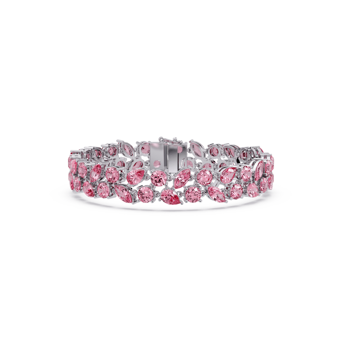 Three-row round, marquise and pear tourmaline pink colorstone tennis bracelet in white gold