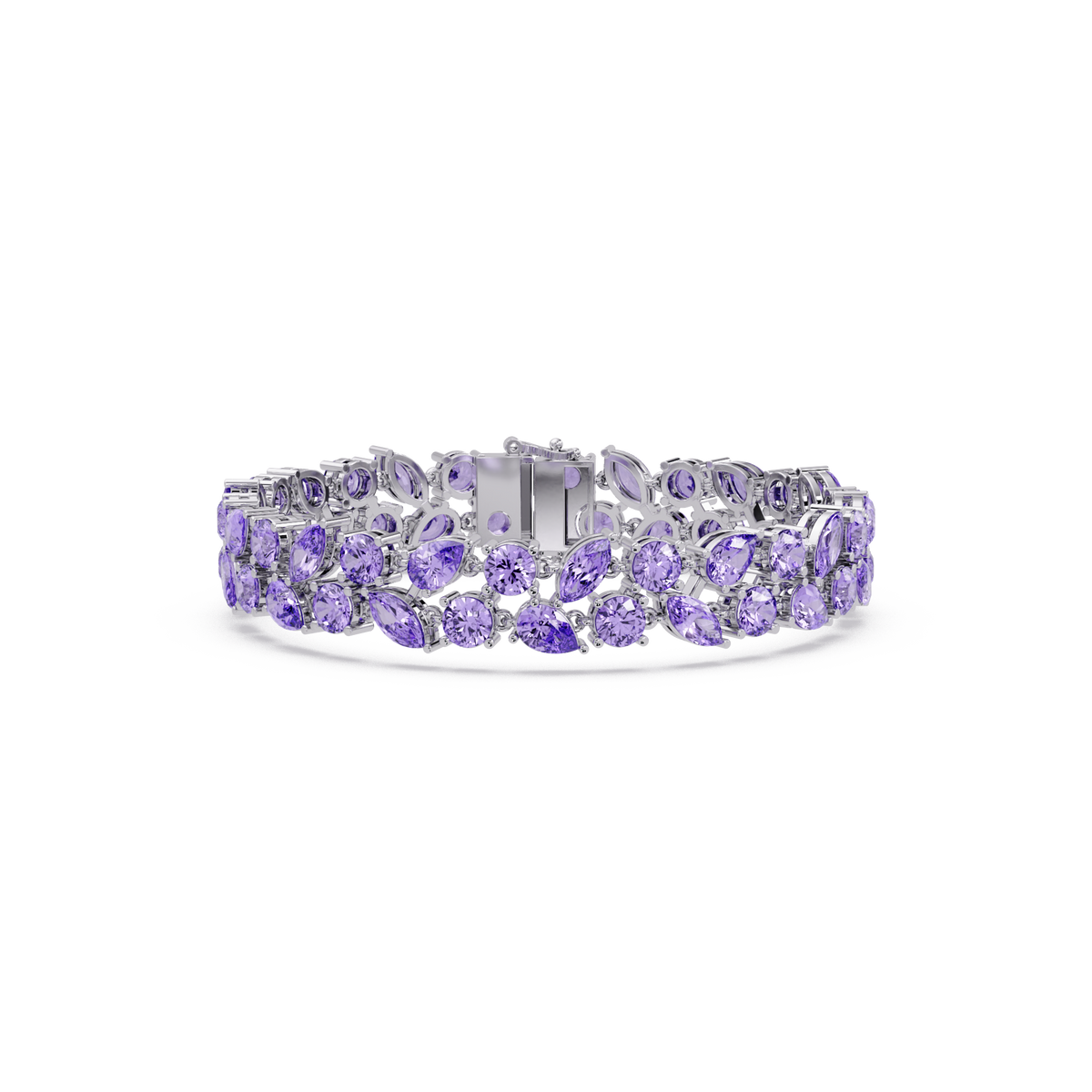 Three-row round, marquise and pear amethyst purple colorstone tennis bracelet in white gold