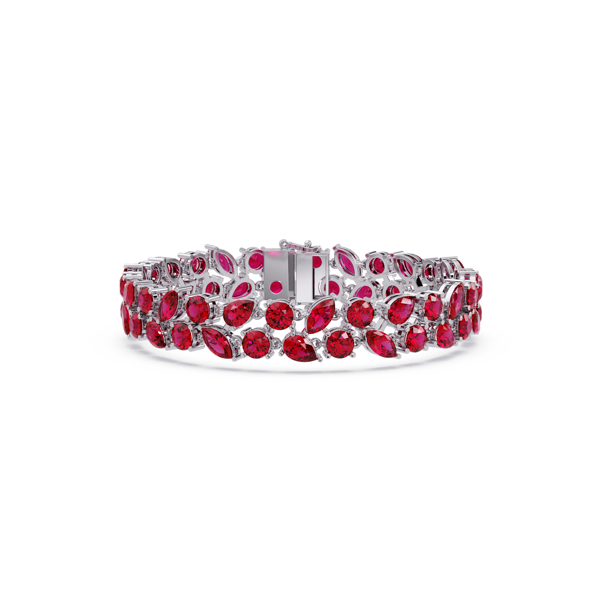 Three-row round, marquise and pear ruby red colorstone tennis bracelet in white gold