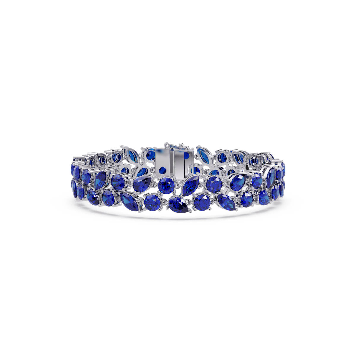 Three-row round, marquise and pear sapphire blue colorstone tennis bracelet in white gold
