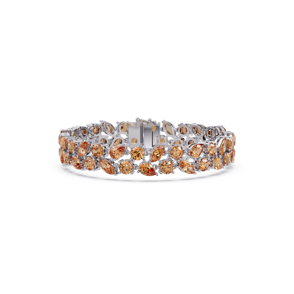 Three-row round, marquise and pear champagne topaz colorstone tennis bracelet in white gold
