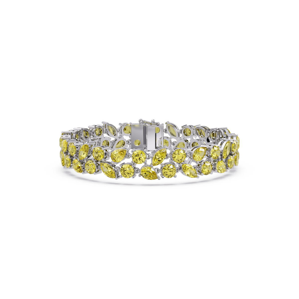 Three-row round, marquise and pear citrine yellow colorstone tennis bracelet in white gold