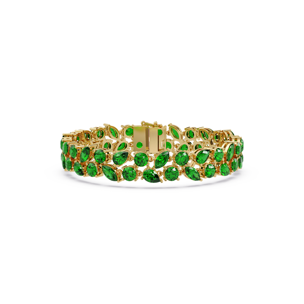 Three-row round, marquise and pear emerald green colorstone tennis bracelet in yellow gold