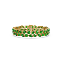 Three-row round, marquise and pear emerald green colorstone tennis bracelet in yellow gold