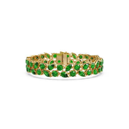 Three-row round, marquise and pear emerald green colorstone tennis bracelet in yellow gold