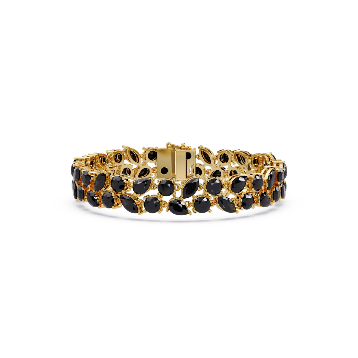 Three-row round, marquise and pear onyx colorstone tennis bracelet in yellow gold