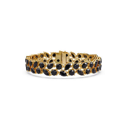 Three-row round, marquise and pear onyx colorstone tennis bracelet in yellow gold