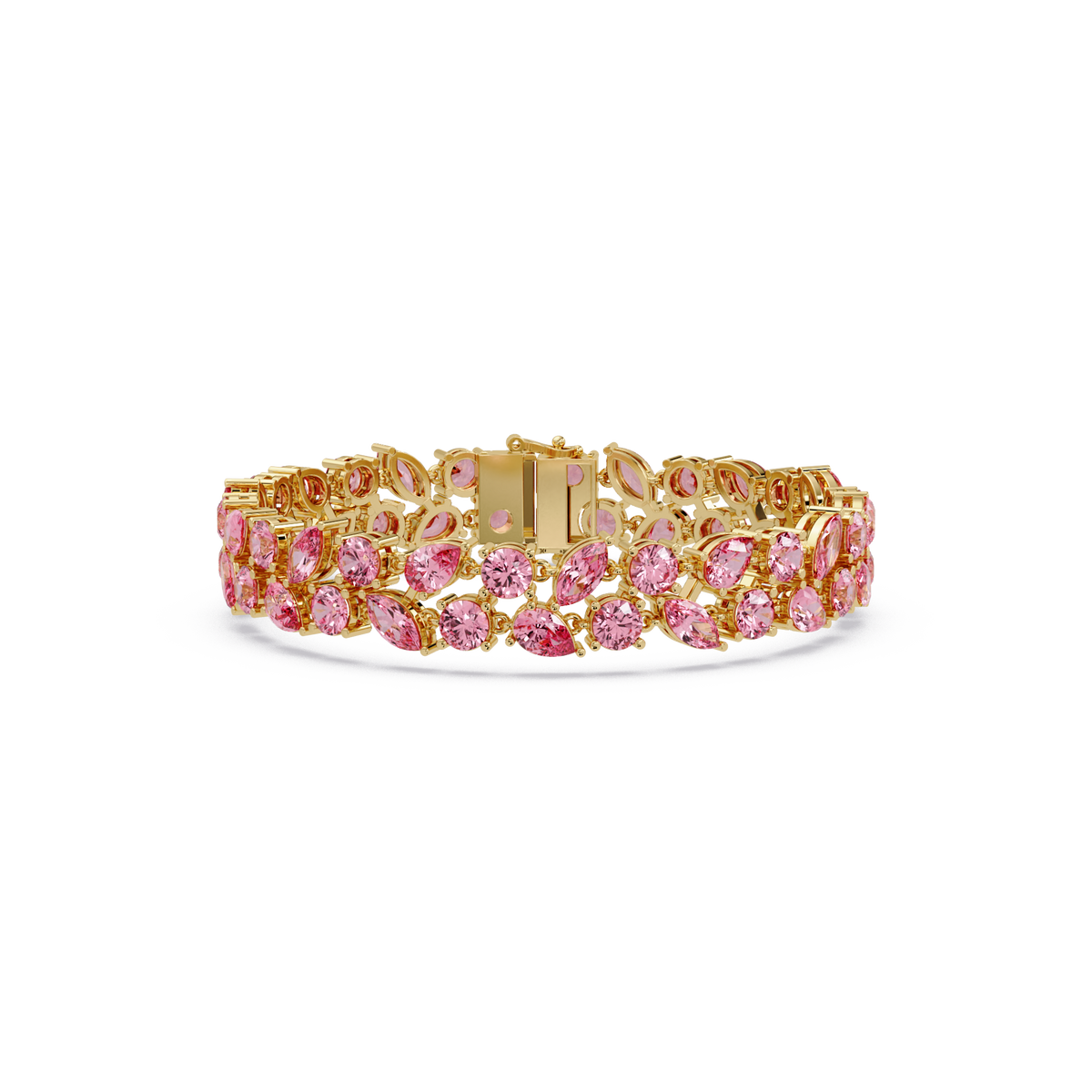 Three-row round, marquise and pear tourmaline pink colorstone tennis bracelet in yellow gold