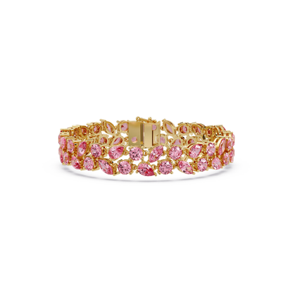 Three-row round, marquise and pear tourmaline pink colorstone tennis bracelet in yellow gold