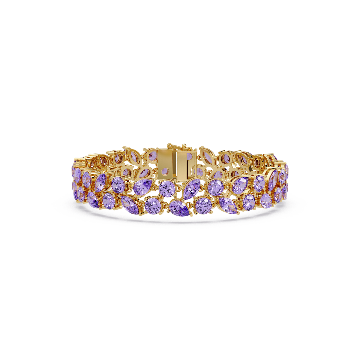 Three-row round, marquise and pear amethyst purple colorstone tennis bracelet in yellow gold