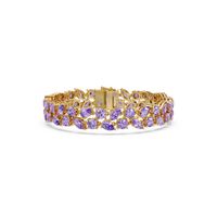 Three-row round, marquise and pear amethyst purple colorstone tennis bracelet in yellow gold