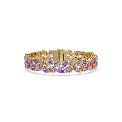 Three-row round, marquise and pear amethyst purple colorstone tennis bracelet in yellow gold