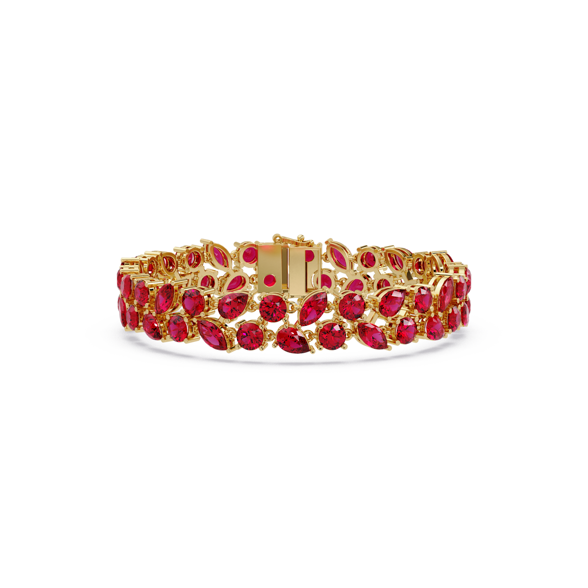 Three-row round, marquise and pear ruby red colorstone tennis bracelet in yellow gold