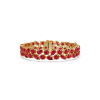 Three-row round, marquise and pear ruby red colorstone tennis bracelet in yellow gold