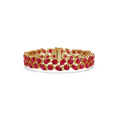 Three-row round, marquise and pear ruby red colorstone tennis bracelet in yellow gold
