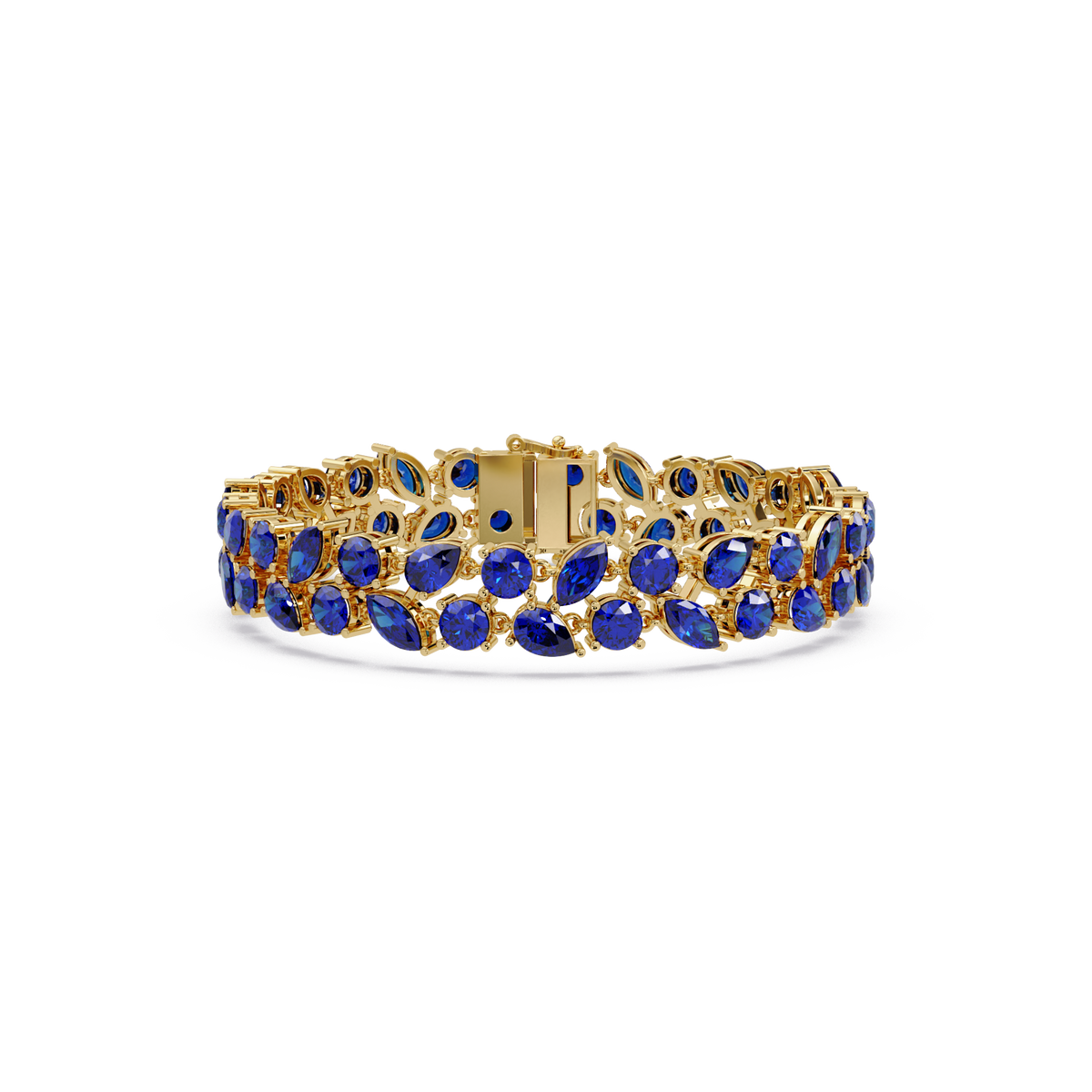 Three-row round, marquise and pear sapphire blue colorstone tennis bracelet in yellow gold