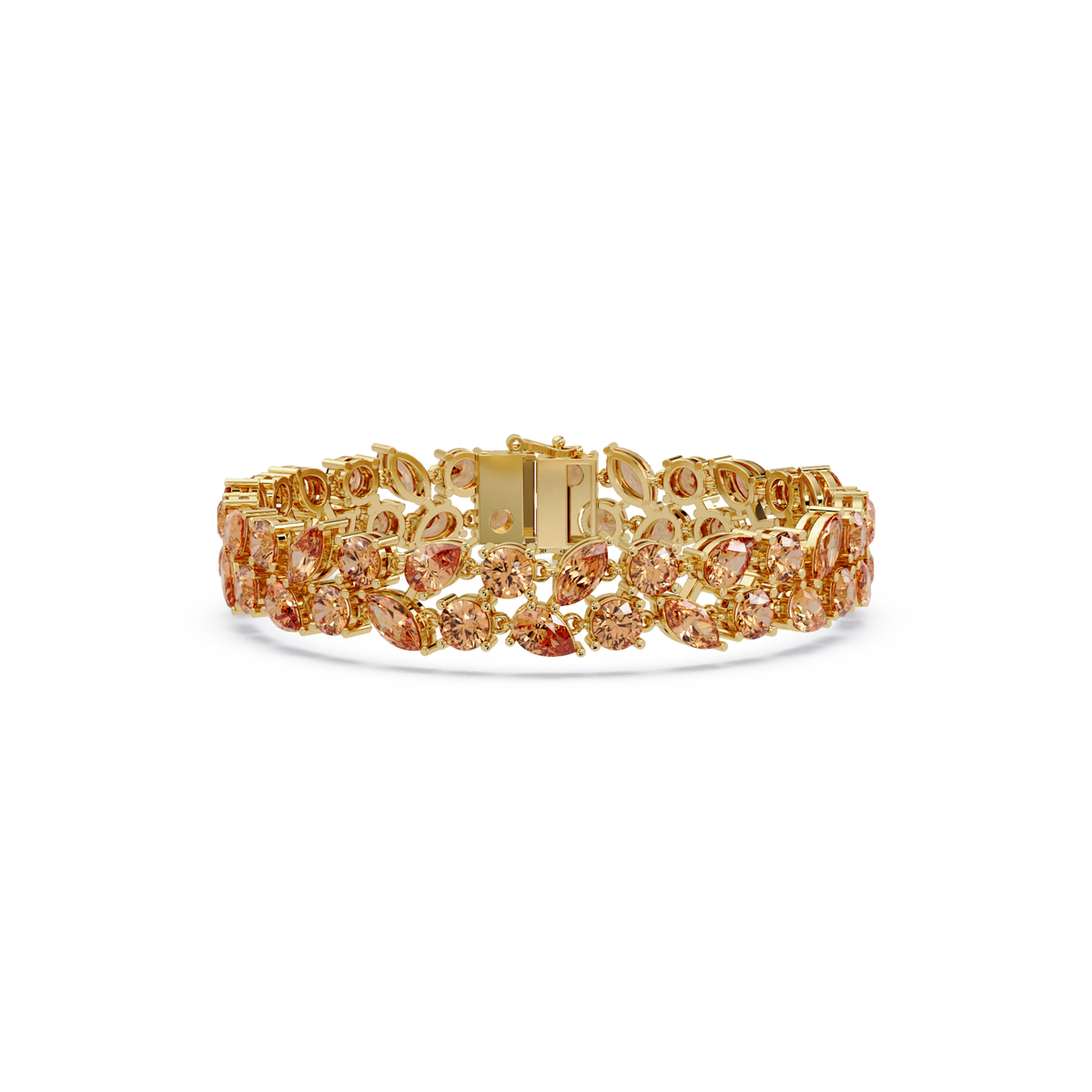 Three-row round, marquise and pear champagne topaz colorstone tennis bracelet in yellow gold