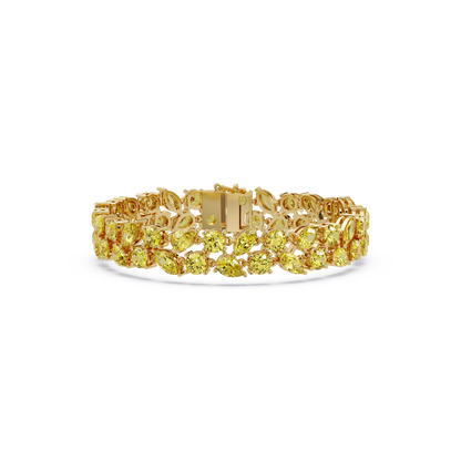 Three-row round, marquise and pear citrine yellow colorstone tennis bracelet in yellow gold