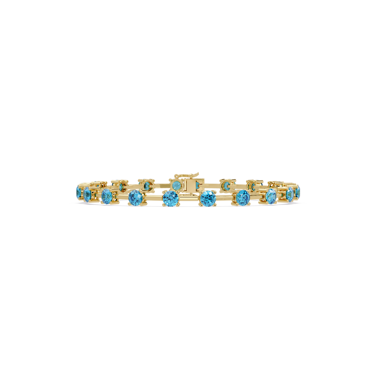 Round station aquamarine blue colorstone bracelet in yellow gold