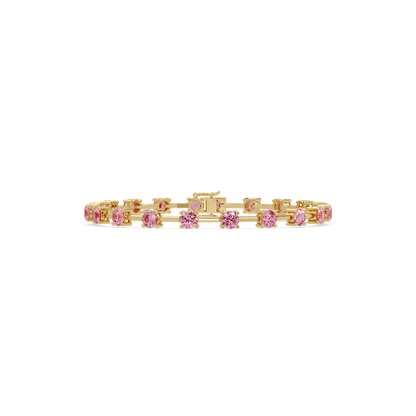 Round station tourmaline pink colorstone bracelet in yellow gold