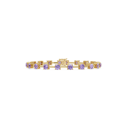 Round station amethyst purple colorstone bracelet in yellow gold