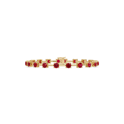 Round station ruby red colorstone bracelet in yellow gold