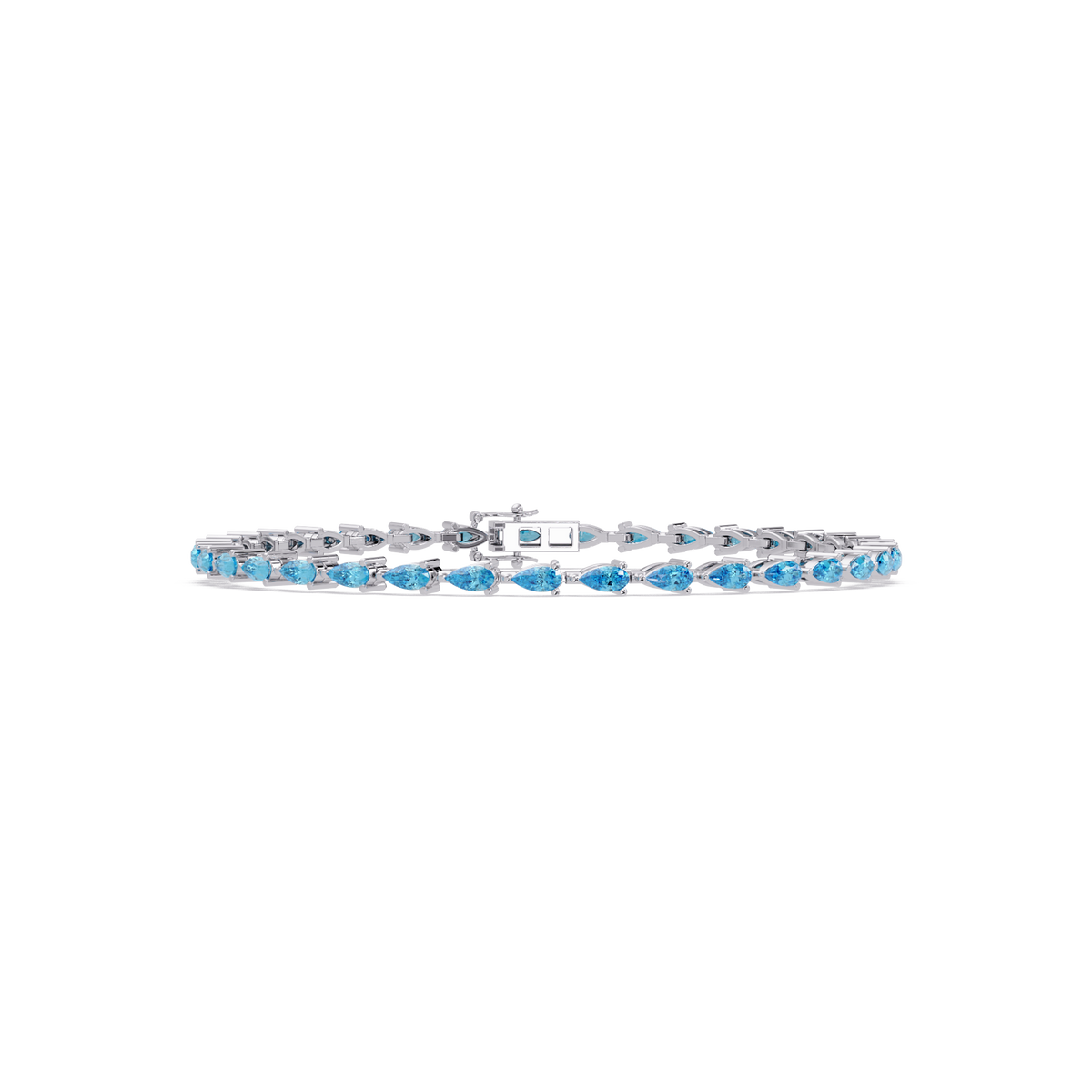 Pear-cut aquamarine blue colorstone tennis bracelet in white gold