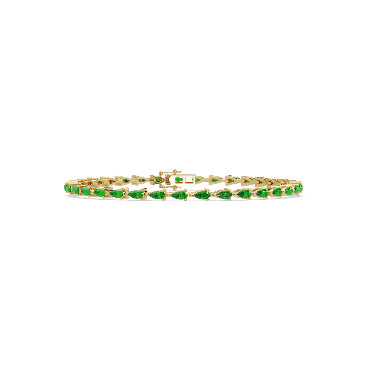 Pear-cut emerald green colorstone tennis bracelet in yellow gold
