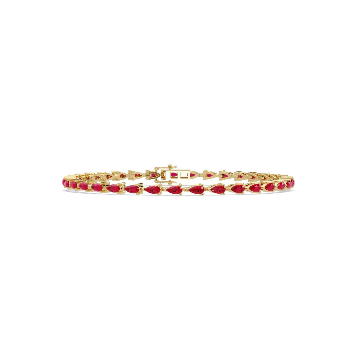 Pear-cut ruby red colorstone tennis bracelet in yellow gold