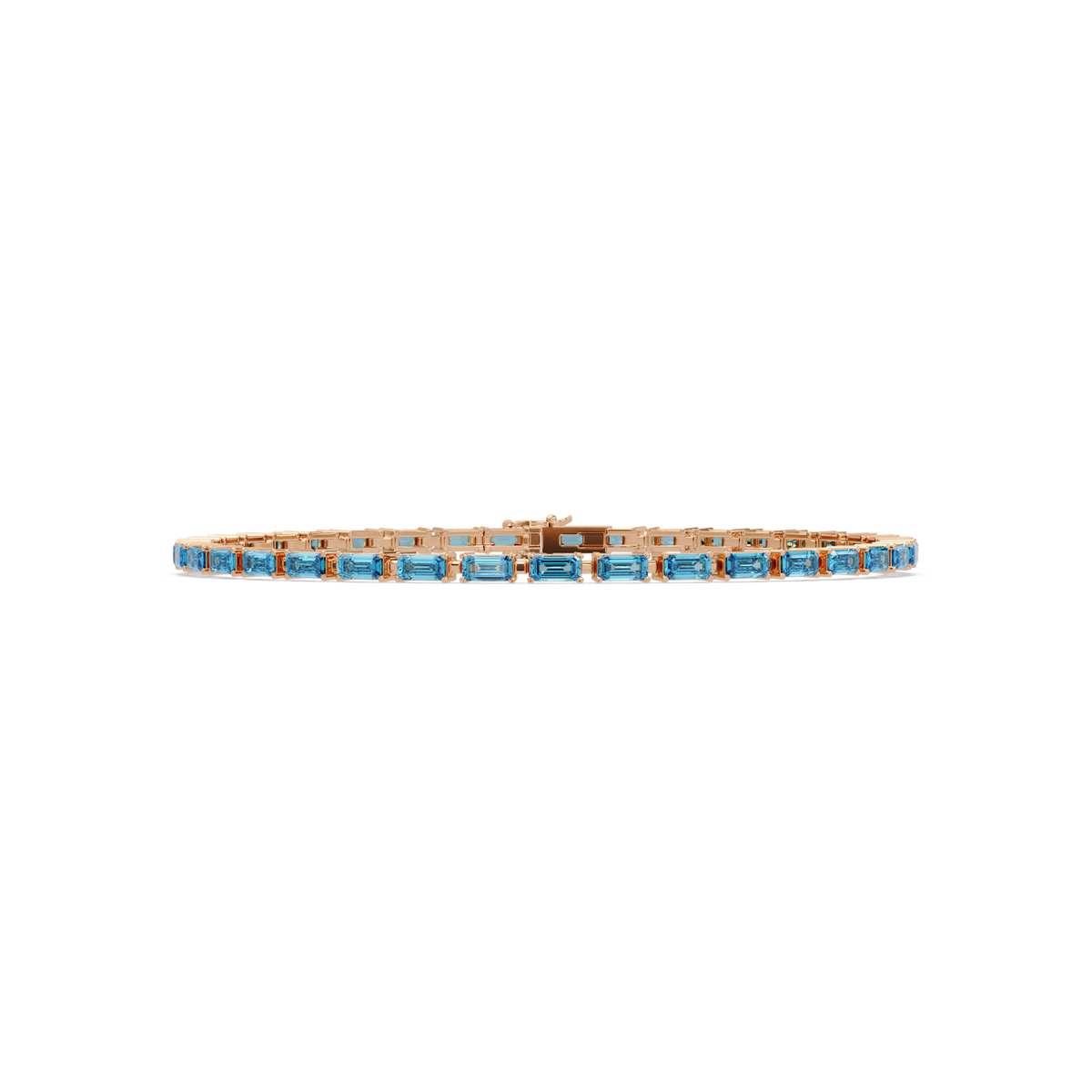 Emerald-cut aquamarine blue colorstone tennis bracelet in rose gold