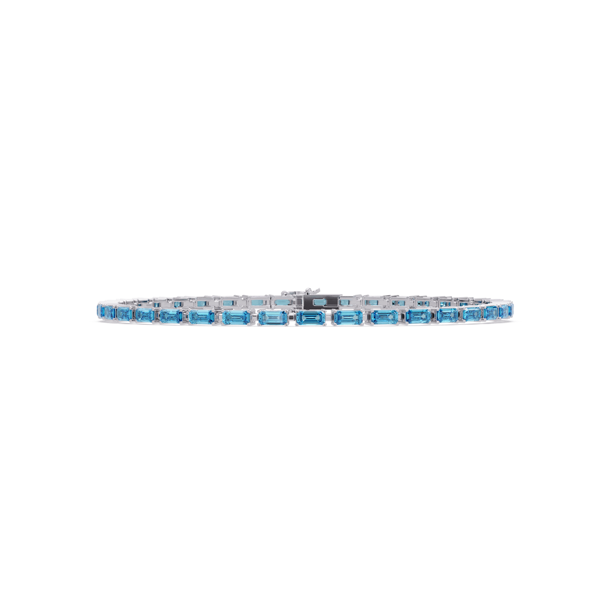 Emerald-cut aquamarine blue colorstone tennis bracelet in white gold