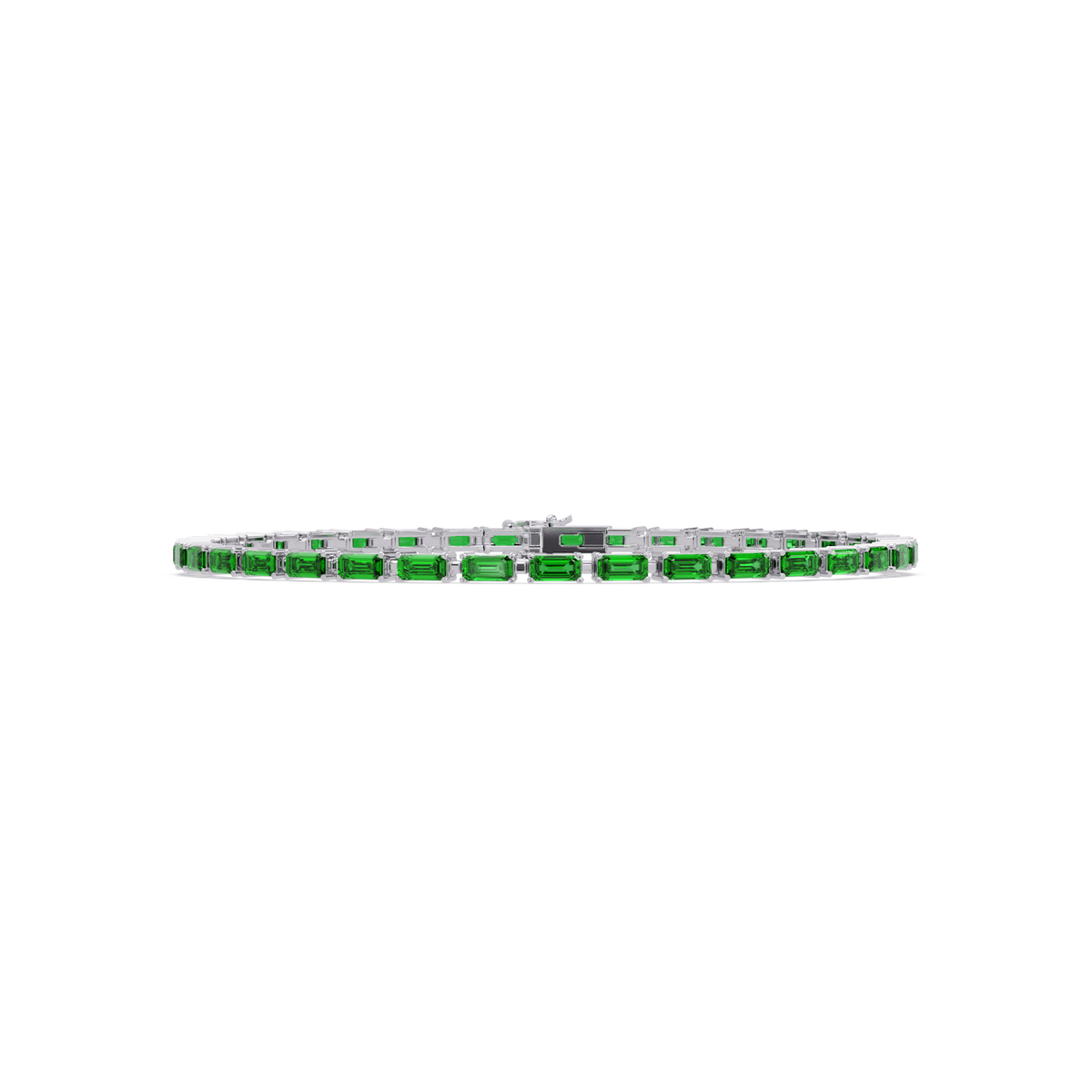 Emerald-cut emerald green colorstone tennis bracelet in white gold