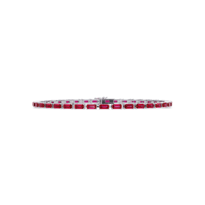 Emerald-cut ruby red colorstone tennis bracelet in white gold