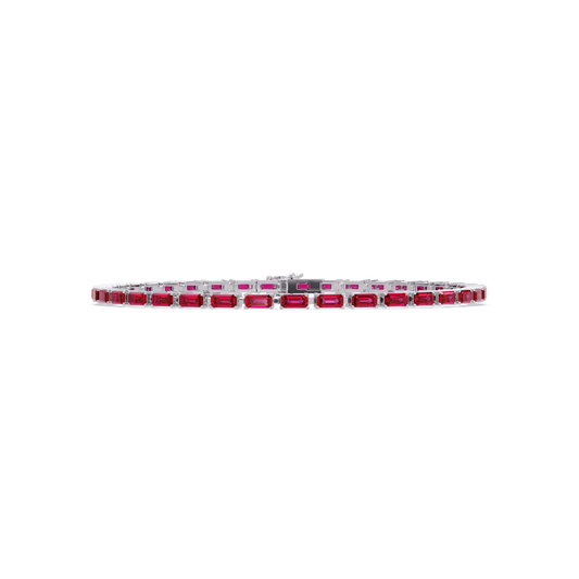 Emerald-cut ruby red colorstone tennis bracelet in white gold