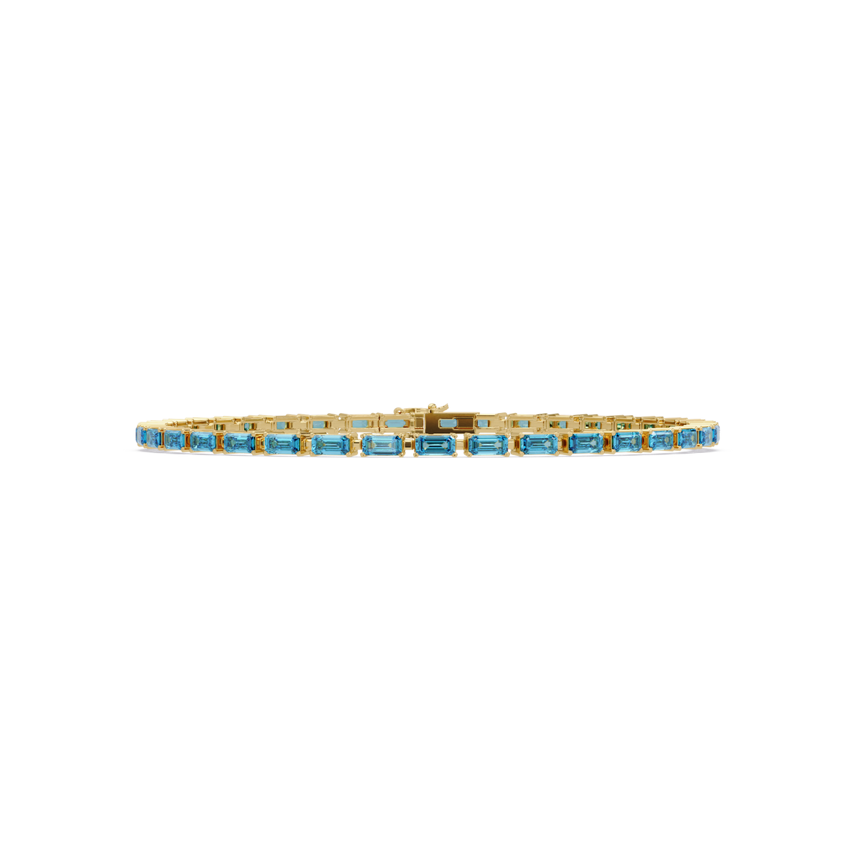 Emerald-cut aquamarine blue colorstone tennis bracelet in yellow gold