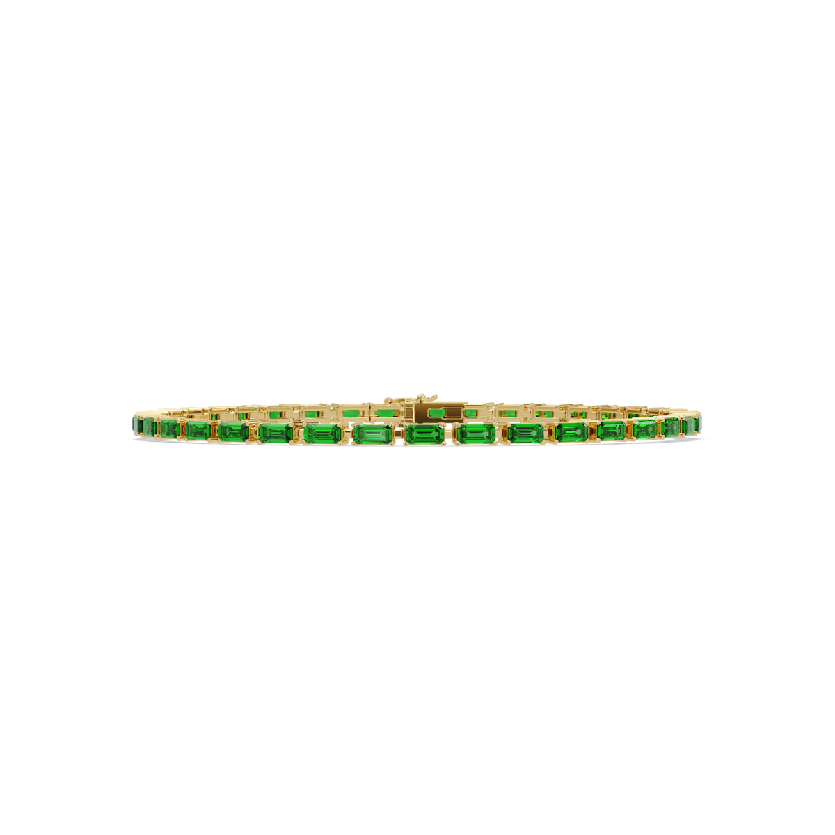 Emerald-cut emerald green colorstone tennis bracelet in yellow gold