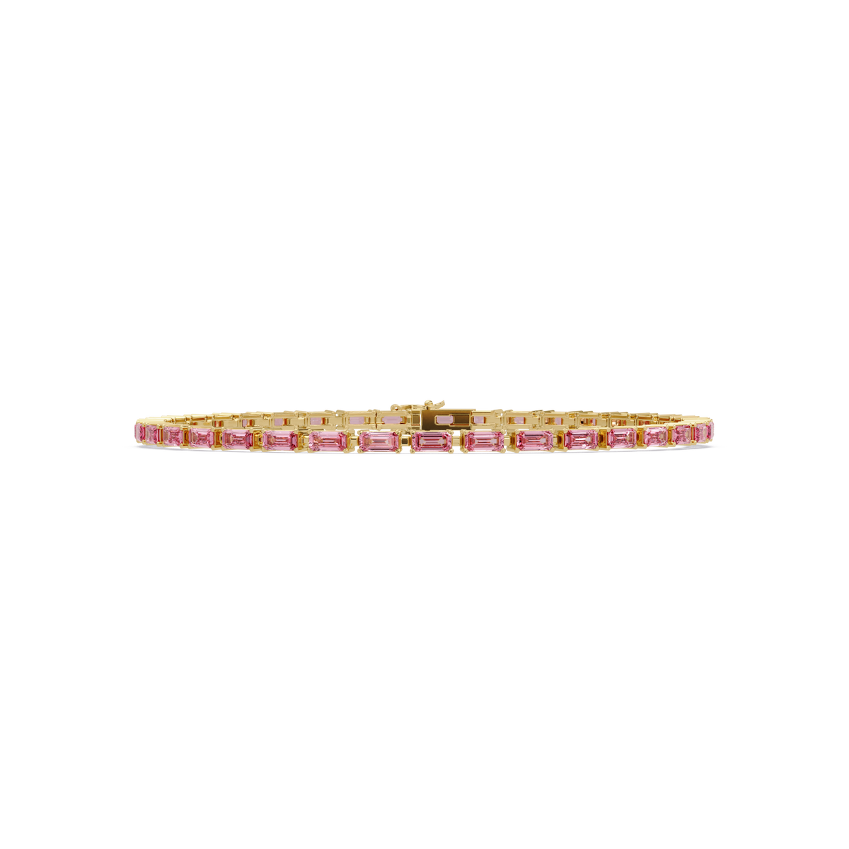 Emerald-cut tourmaline pink colorstone tennis bracelet in yellow gold