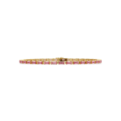 Emerald-cut tourmaline pink colorstone tennis bracelet in yellow gold