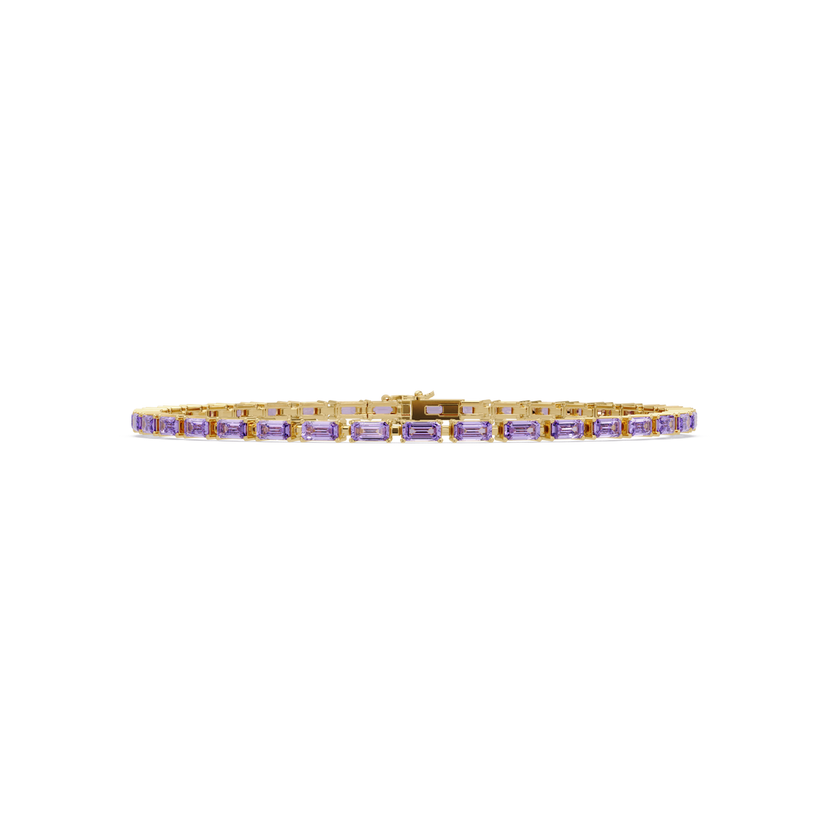 Emerald-cut amethyst purple colorstone tennis bracelet in yellow gold