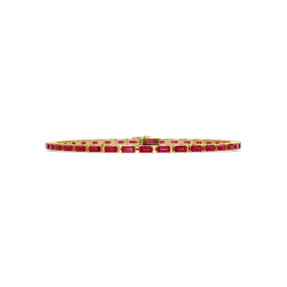 Emerald-cut ruby red colorstone tennis bracelet in yellow gold