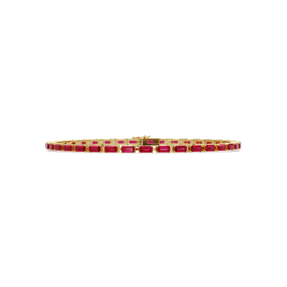 Emerald-cut ruby red colorstone tennis bracelet in yellow gold