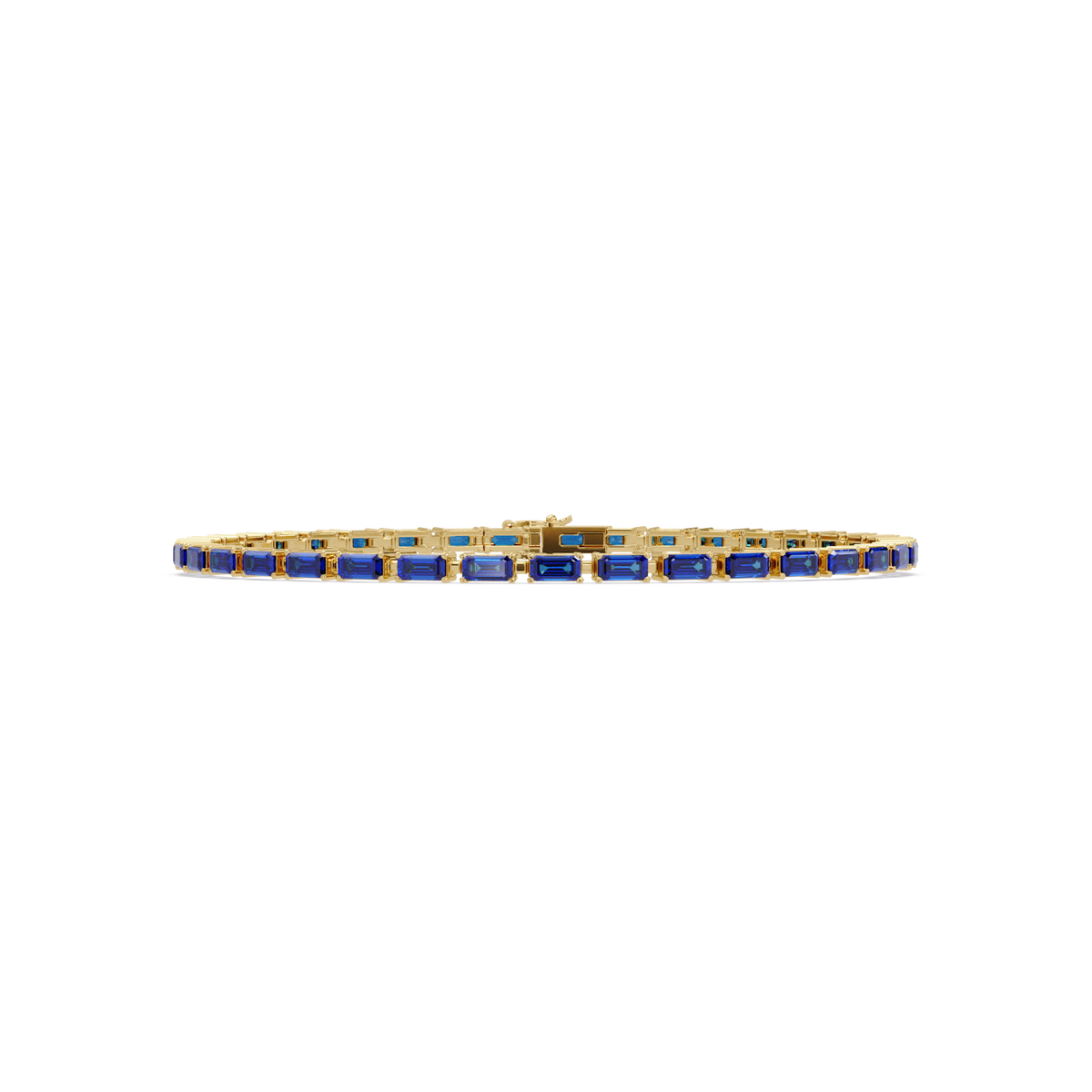 Emerald-cut sapphire blue colorstone tennis bracelet in yellow gold