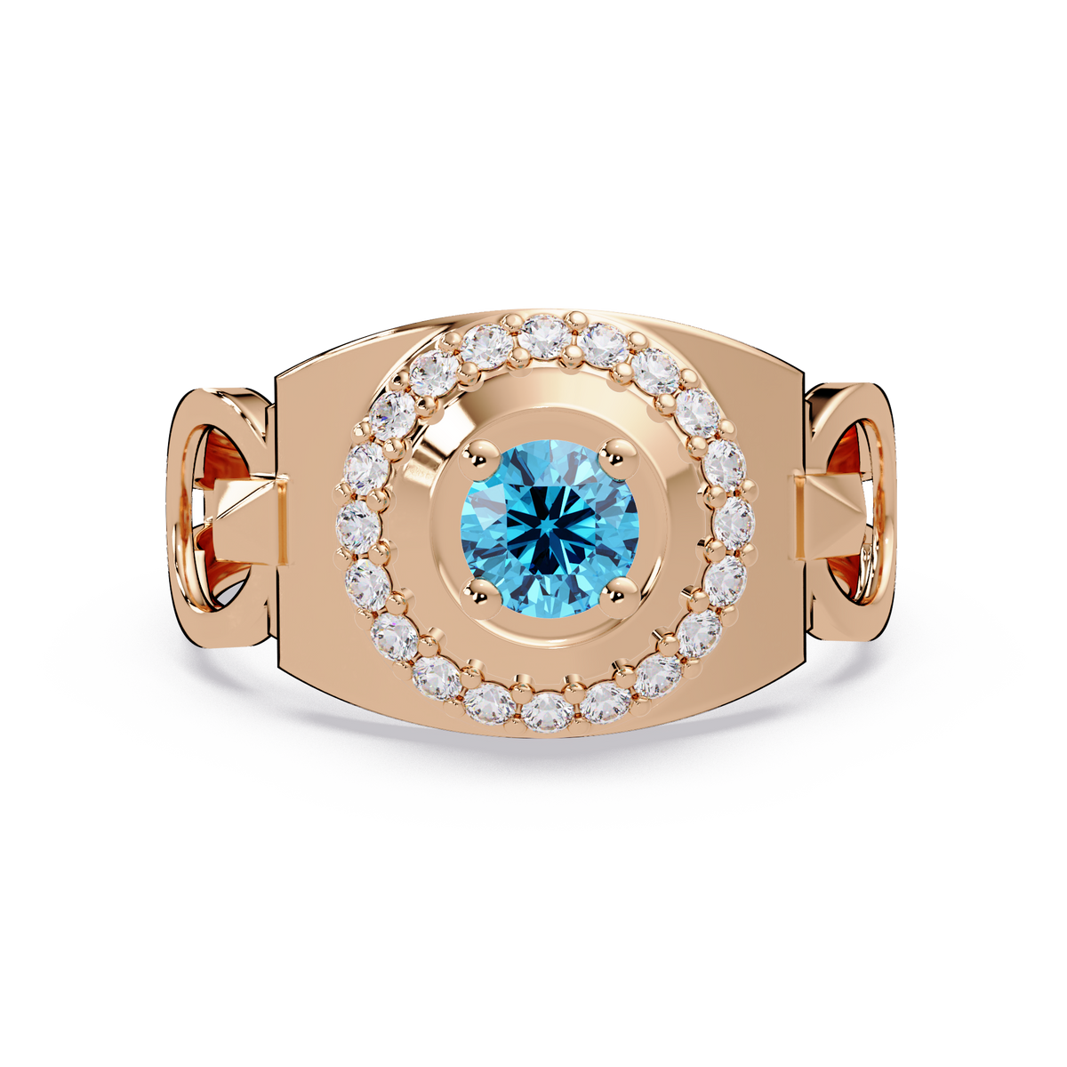 0.8 CTW Round Halo Geometric Men’s Colorstone Ring with Aquamarine Blue in 14K Rose Gold – Lunéa Paris