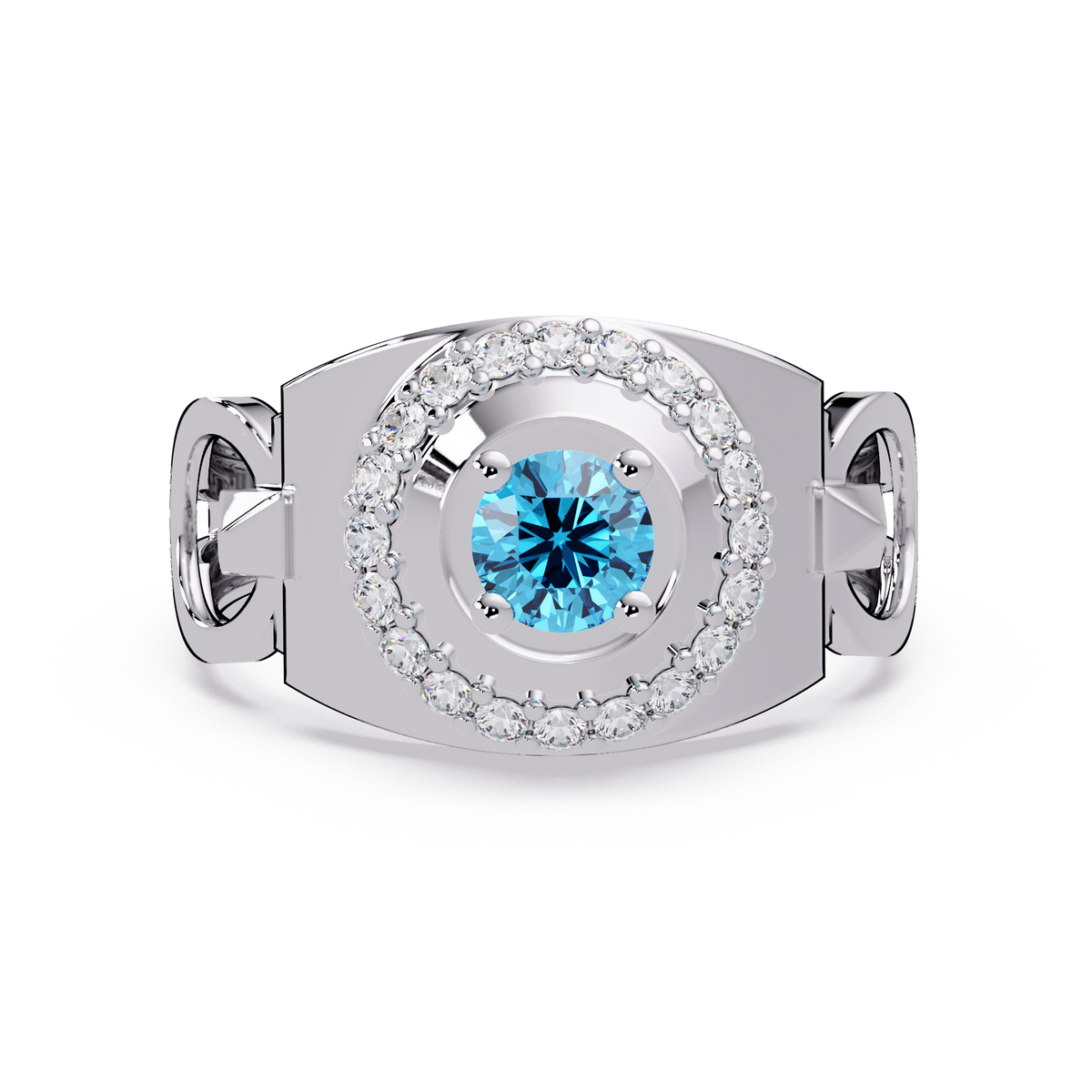 0.8 CTW Round Halo Geometric Men’s Colorstone Ring with Aquamarine Blue in 14K White Gold – Lunéa Paris
