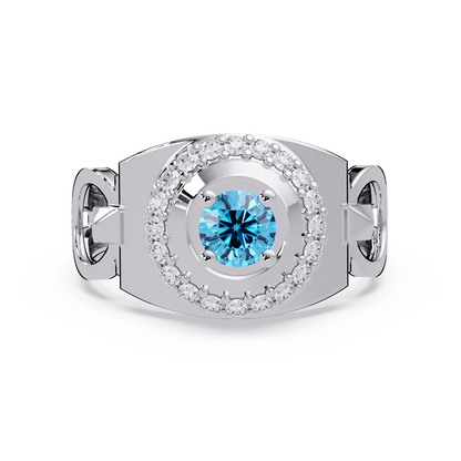 0.8 CTW Round Halo Geometric Men’s Colorstone Ring with Aquamarine Blue in 14K White Gold – Lunéa Paris