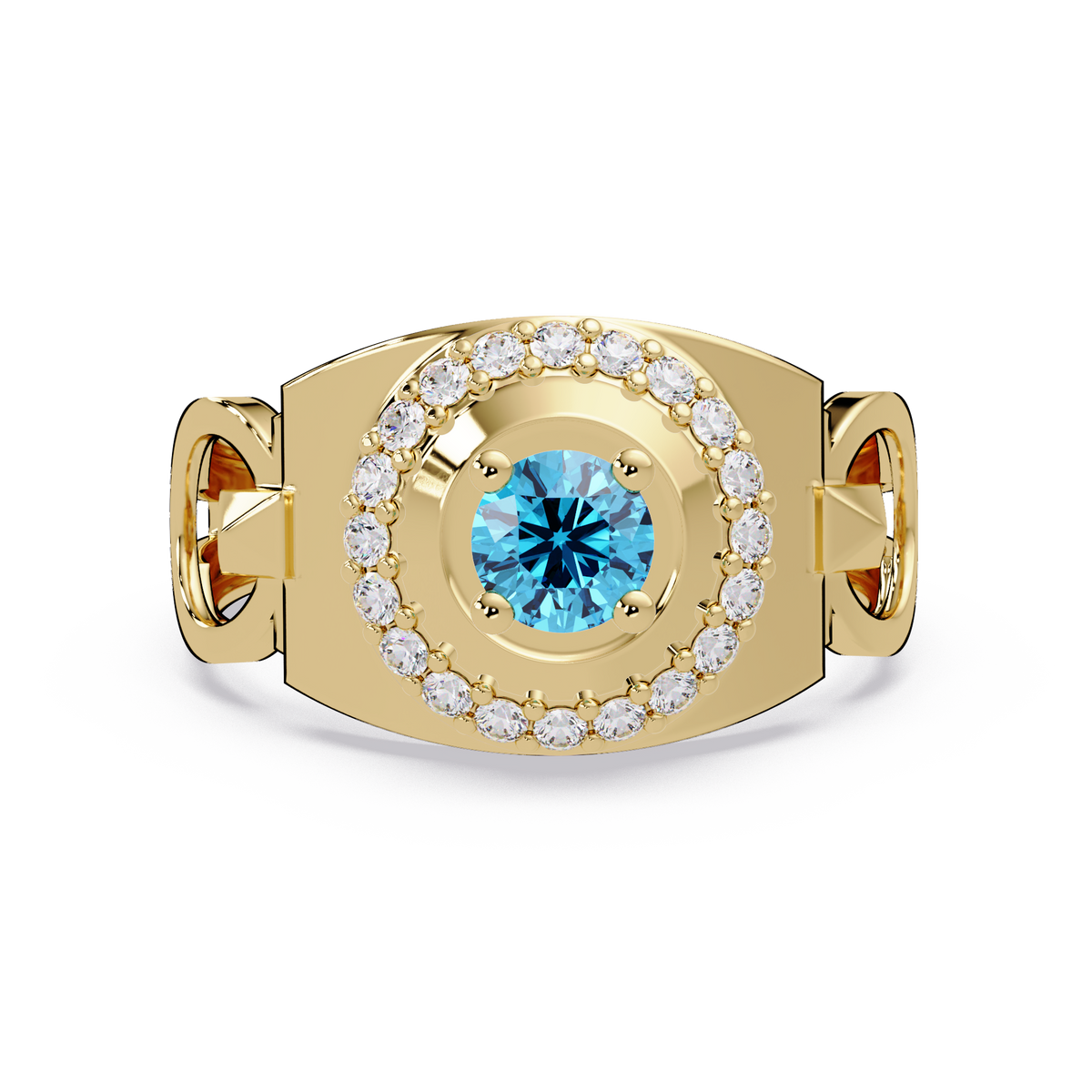 0.8 CTW Round Halo Geometric Men’s Colorstone Ring with Aquamarine Blue in 14K Yellow Gold – Lunéa Paris